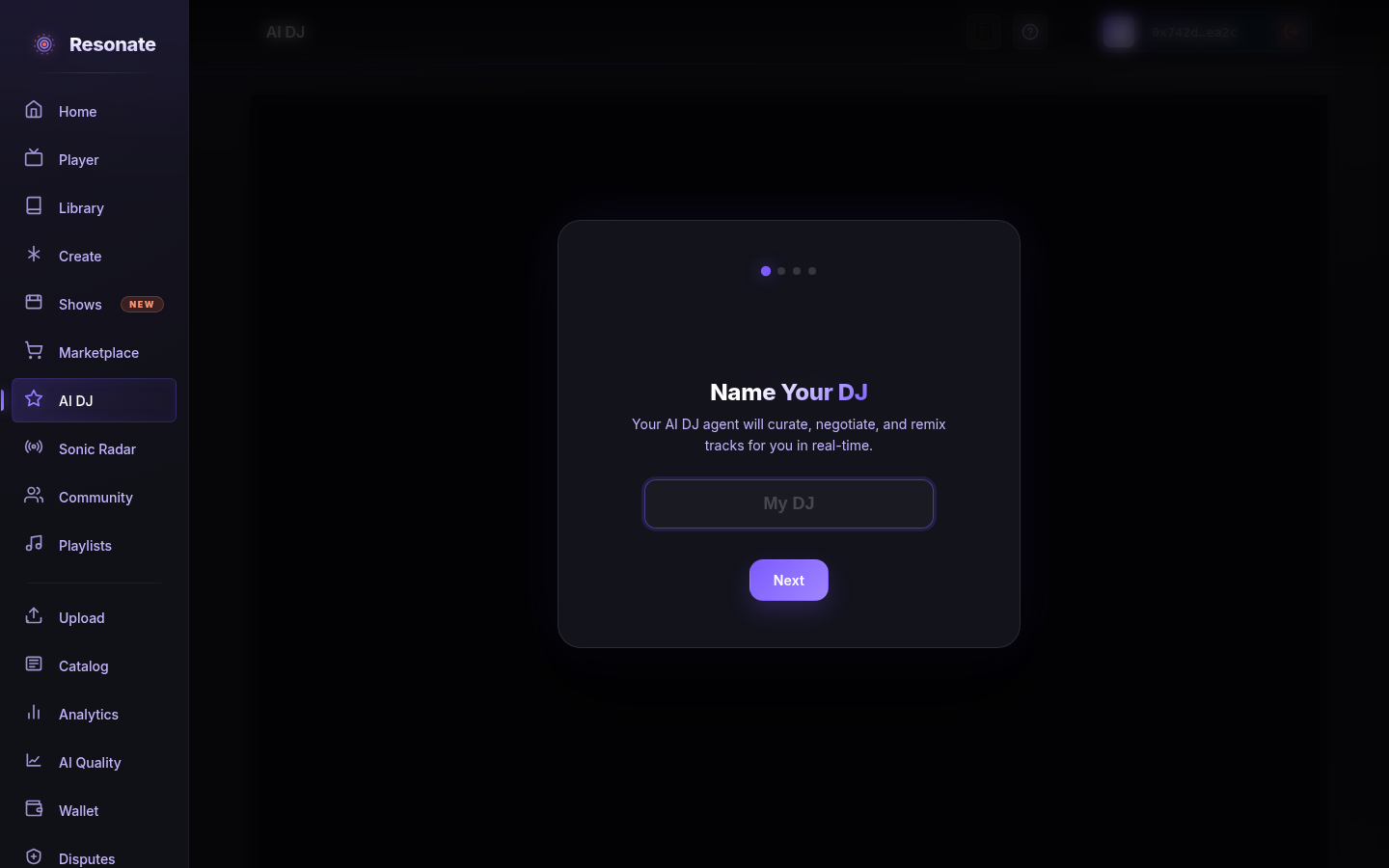 The AI DJ setup dialog headed 'Name Your DJ' with a text field and a Next button, explaining the DJ will curate, negotiate, and remix tracks for you in real time.