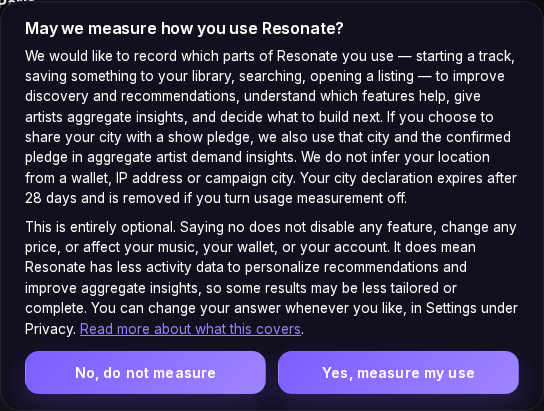 The Resonate analytics consent banner explains optional usage measurement and gives equally prominent No, do not measure and Yes, measure my use buttons.