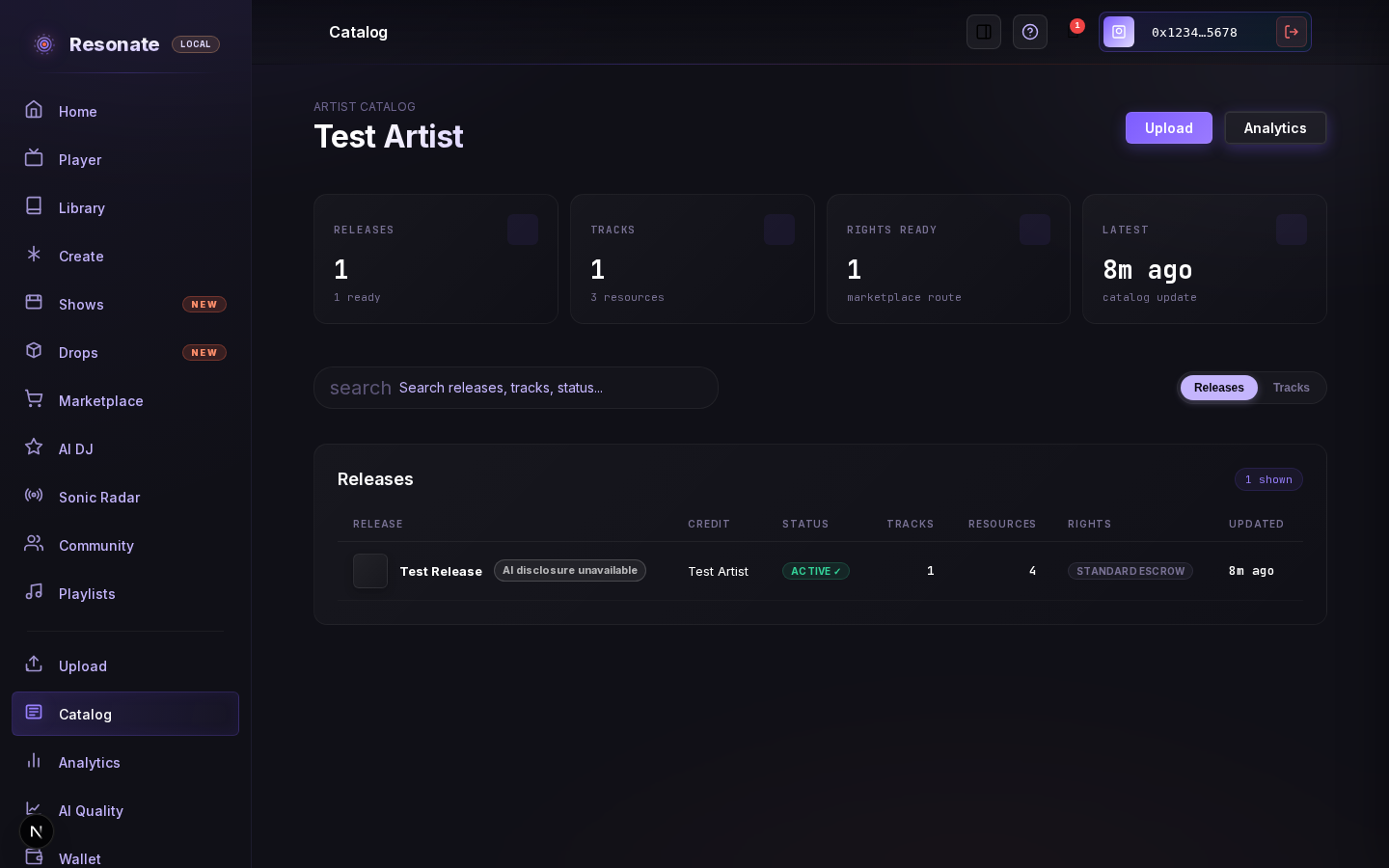 The Managed Catalog page for Test Artist showing one ready release, one track, three resources, and a release inventory row for Test Release.