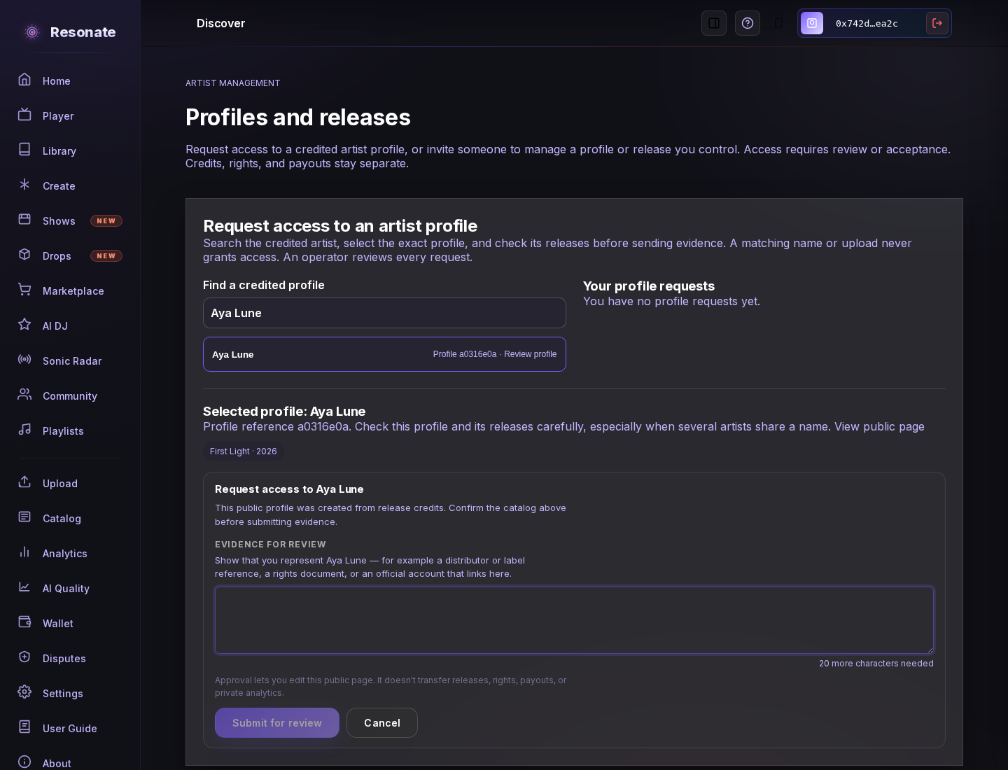 Artist management page with a credited-profile search, selected catalog, and evidence request step.