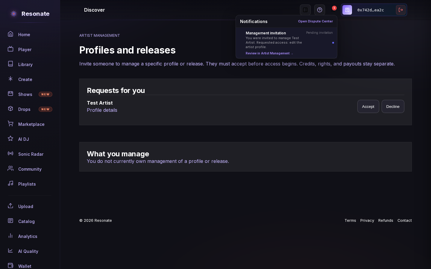 Notification bell showing a pending artist management invitation and a link to review it.
