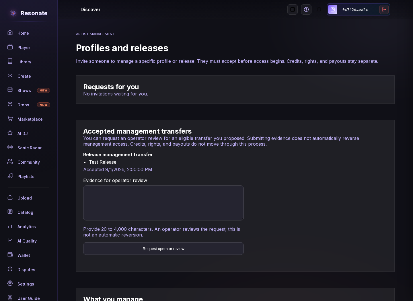 Artist management page showing an accepted release transfer and the evidence form for requesting operator review.
