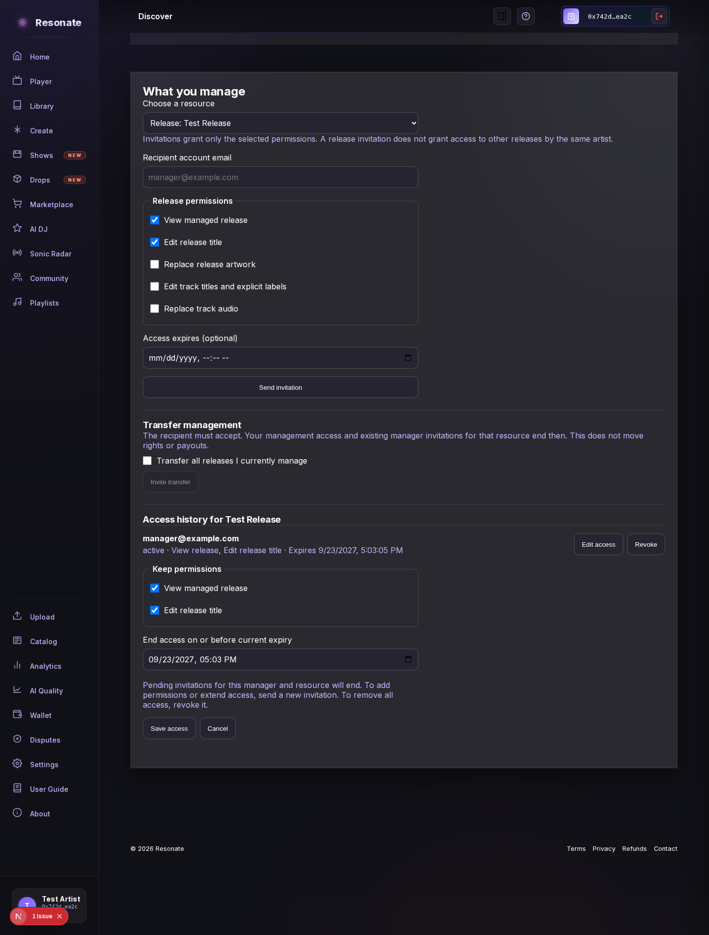 Artist management page showing release permissions, including replacing track audio, and controls to reduce a manager's access.