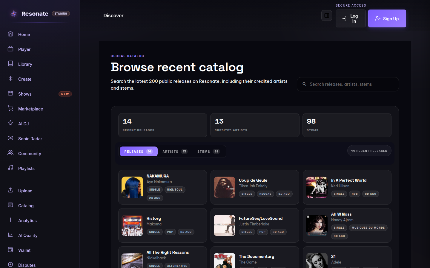The catalog page titled 'Browse recent catalog' with counts of releases, artists, and stems, tabs for Releases/Artists/Stems, and a grid of release cards.