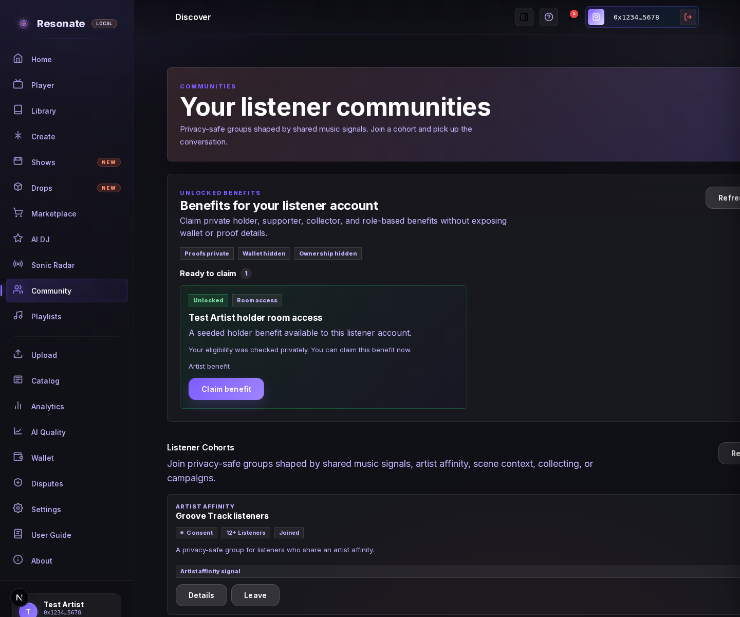 The Community page showing an unlocked Test Artist holder room benefit and a joined Groove Track listeners cohort, with privacy indicators for proofs, wallet, and ownership.