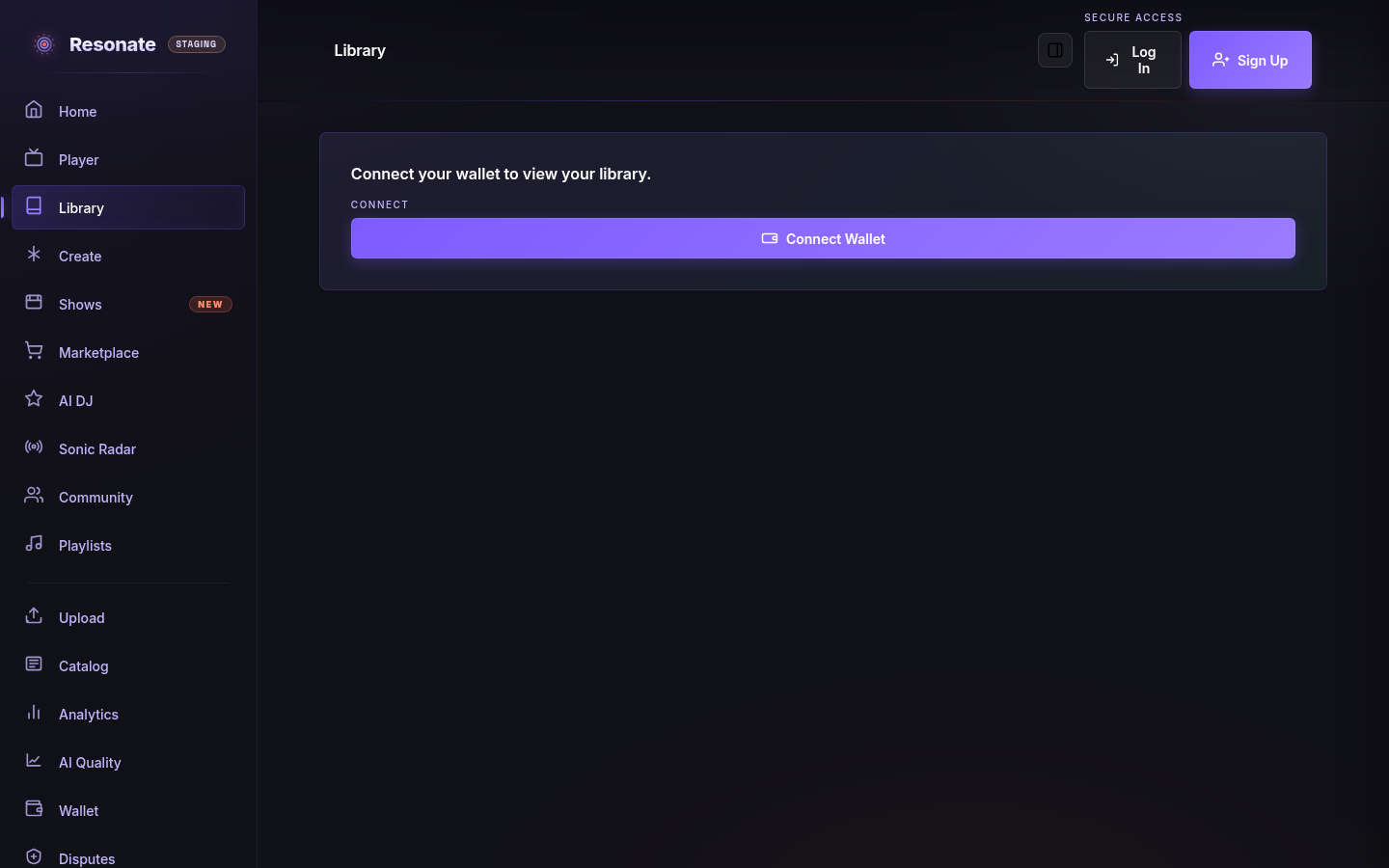A Resonate page showing a single 'Connect Wallet' button under a 'Connect' heading, with Log In and Sign Up buttons in the top-right.