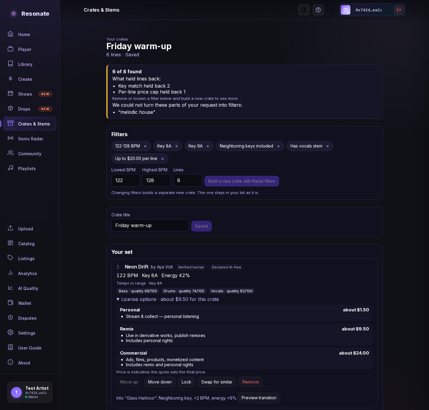 A saved crate titled Friday warm-up. A banner says 6 of 8 found and lists what held lines back and the part of the request that could not be read. Below are filter chips such as 122-128 BPM and Key 8A, a title box with a Saved button, and the first line, Neon Drift, showing tempo, key, energy, stems with quality scores, open license options with what each license grants, and Move up, Move down, Lock, Swap for similar and Remove buttons.