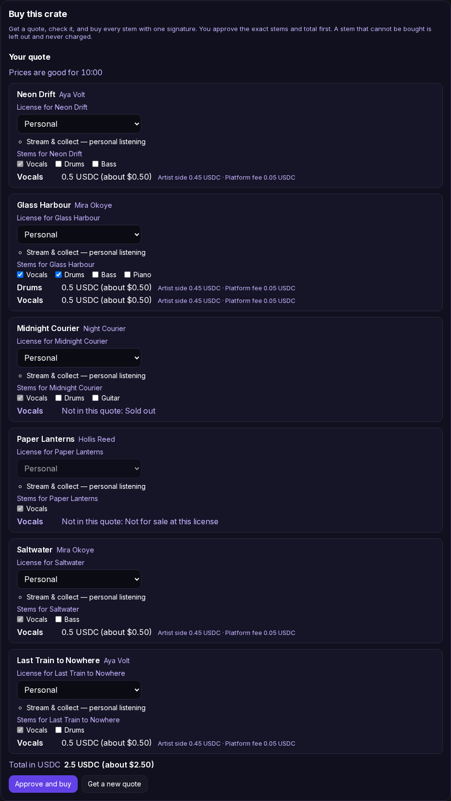 The Buy this crate panel with a quote. A countdown reads Prices are good for 10:00. Each line shows its track, a license menu, what the license grants, stem checkboxes and every stem with its price, the artist side and the platform fee. A sold-out vocals stem and a track that is not for sale at this license are marked Not in this quote with the reason. At the bottom are the total in USDC and dollars and the Approve and buy and Get a new quote buttons.
