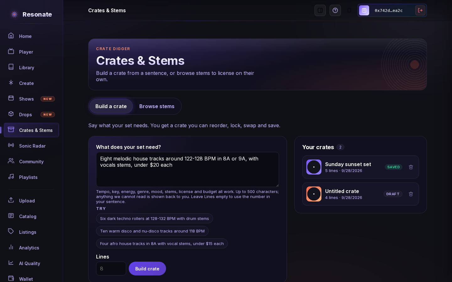 The Crate Digger page with a 'What does your set need?' box holding a sentence about melodic house tracks around 122 to 128 BPM, a Lines field showing 8, a Build crate button, and, beside it, a Your crates list with two earlier crates.