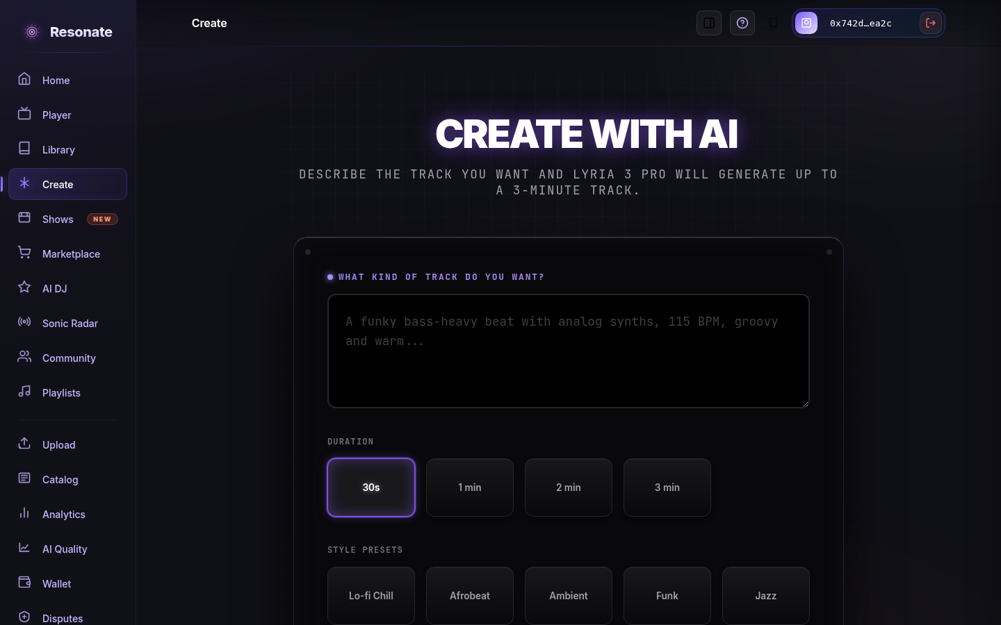 The 'Create with AI' page with a prompt text area describing a track, duration options (30s, 1 min, 2 min, 3 min), and style presets such as Lo-fi Chill, Afrobeat, Ambient, Funk, and Jazz.