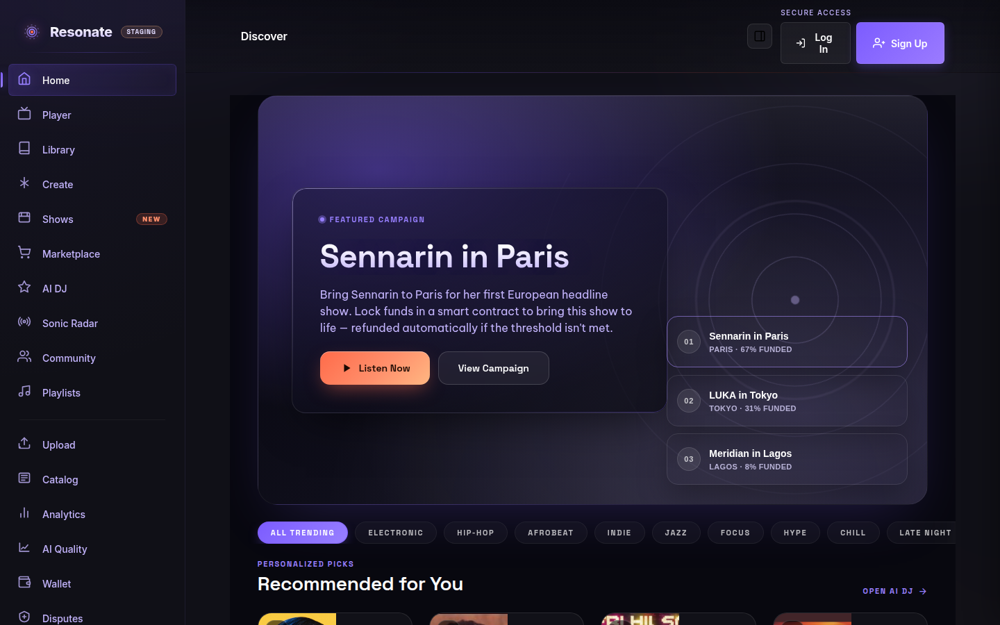 The Discover home page with a featured 'Sennarin in Paris' campaign, a row of trending and mood chips, and a 'Recommended for You' section.