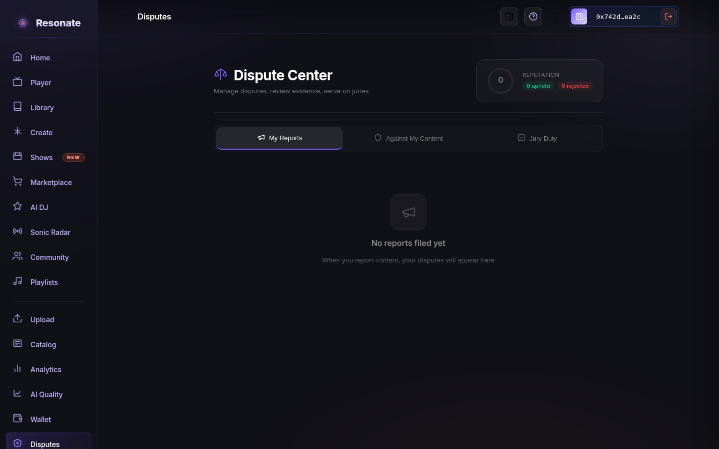 The Dispute Center page with a reputation summary (upheld and rejected counts), tabs for My Reports, Against My Content, and Jury Duty, and a 'No reports filed yet' empty state.