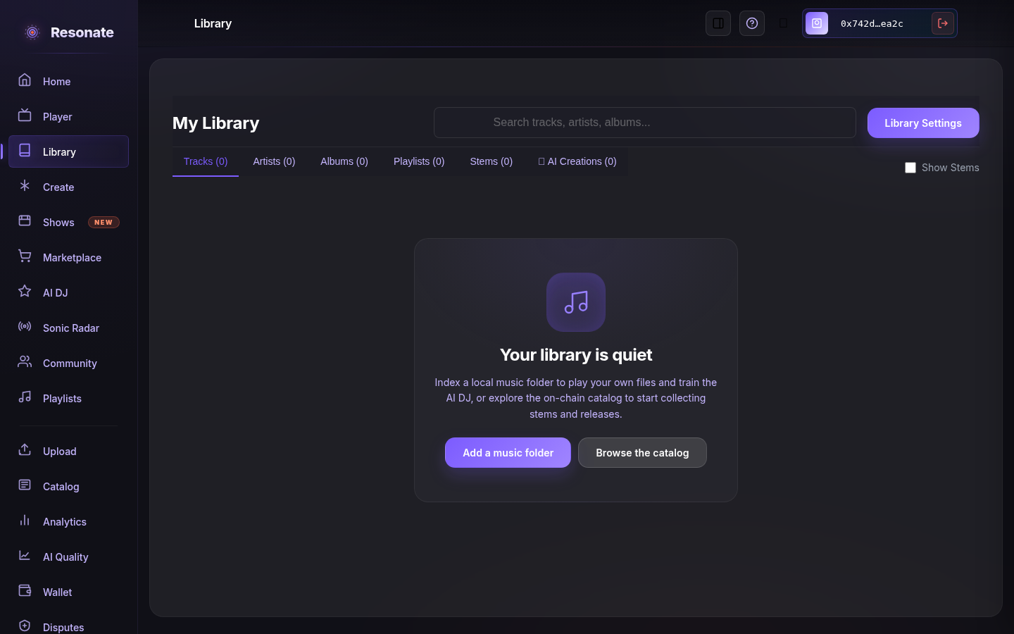 The 'My Library' page with tabs for Tracks, Artists, Albums, Playlists, Stems, and AI Creations, a search field, and a 'Your library is quiet' empty state offering to add a music folder or browse the catalog.