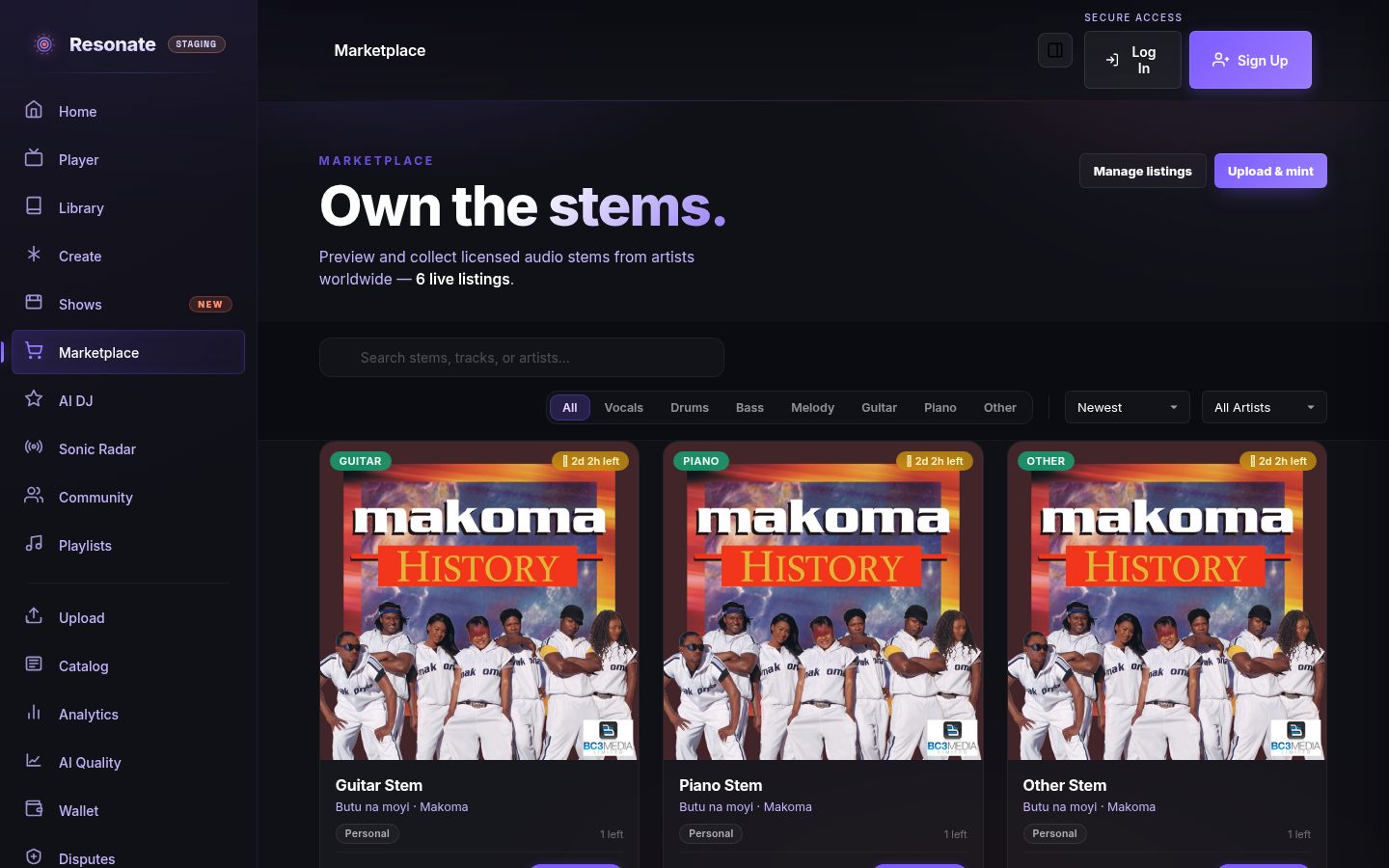The Marketplace titled 'Own the stems.' with a search bar, part filters (Vocals, Drums, Bass, Melody, Guitar, Piano), and a grid of stem listing cards.