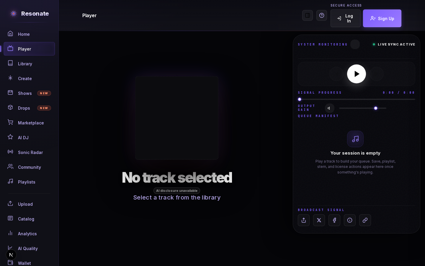 The Player page with a large play control, progress and output sliders, a 'Queue Manifest' panel, and broadcast/sharing actions.