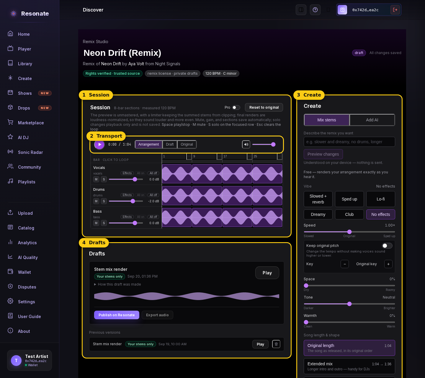 The Remix Studio with four numbered callouts: 1 Session, the stem rows with waveforms; 2 Transport, the play button, time, Arrangement/Draft/Original switch and volume; 3 Create, the side panel with Describe it, vibes and sliders; 4 Drafts, the rendered mix with Publish on Resonate and Export audio.