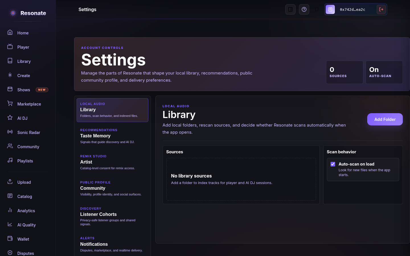 The Settings page with a left-hand list of sections — Library, Taste Memory, Artist, Community, Listener Cohorts, and Notifications — and the Library section open on the right.