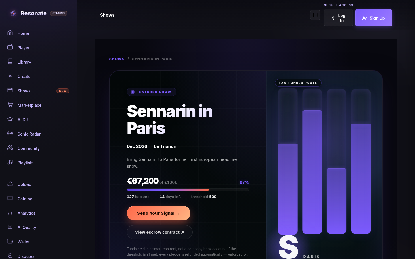 The 'Sennarin in Paris' campaign page showing date and venue, funding progress, pledge tiers, locked terms, and a pledge button.