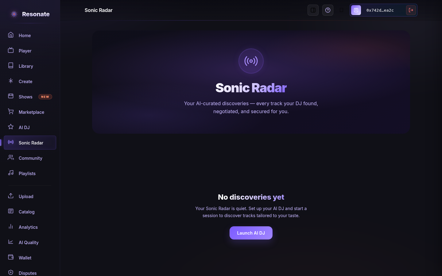The Sonic Radar page with a radar icon, the heading 'Sonic Radar', a description of AI-curated discoveries, and a 'No discoveries yet' empty state with a 'Launch AI DJ' button.