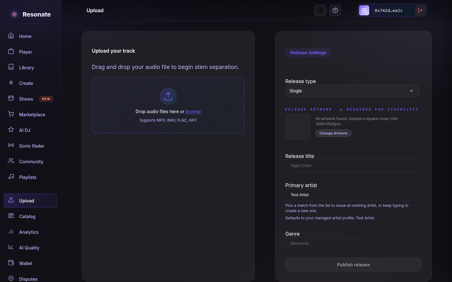 The Upload page with a 'Drop audio files here or browse' drop zone supporting MP3/WAV/FLAC/AIFF, and a Release Settings panel with release type, artwork, release title, primary artist, and genre fields plus a Publish release button.