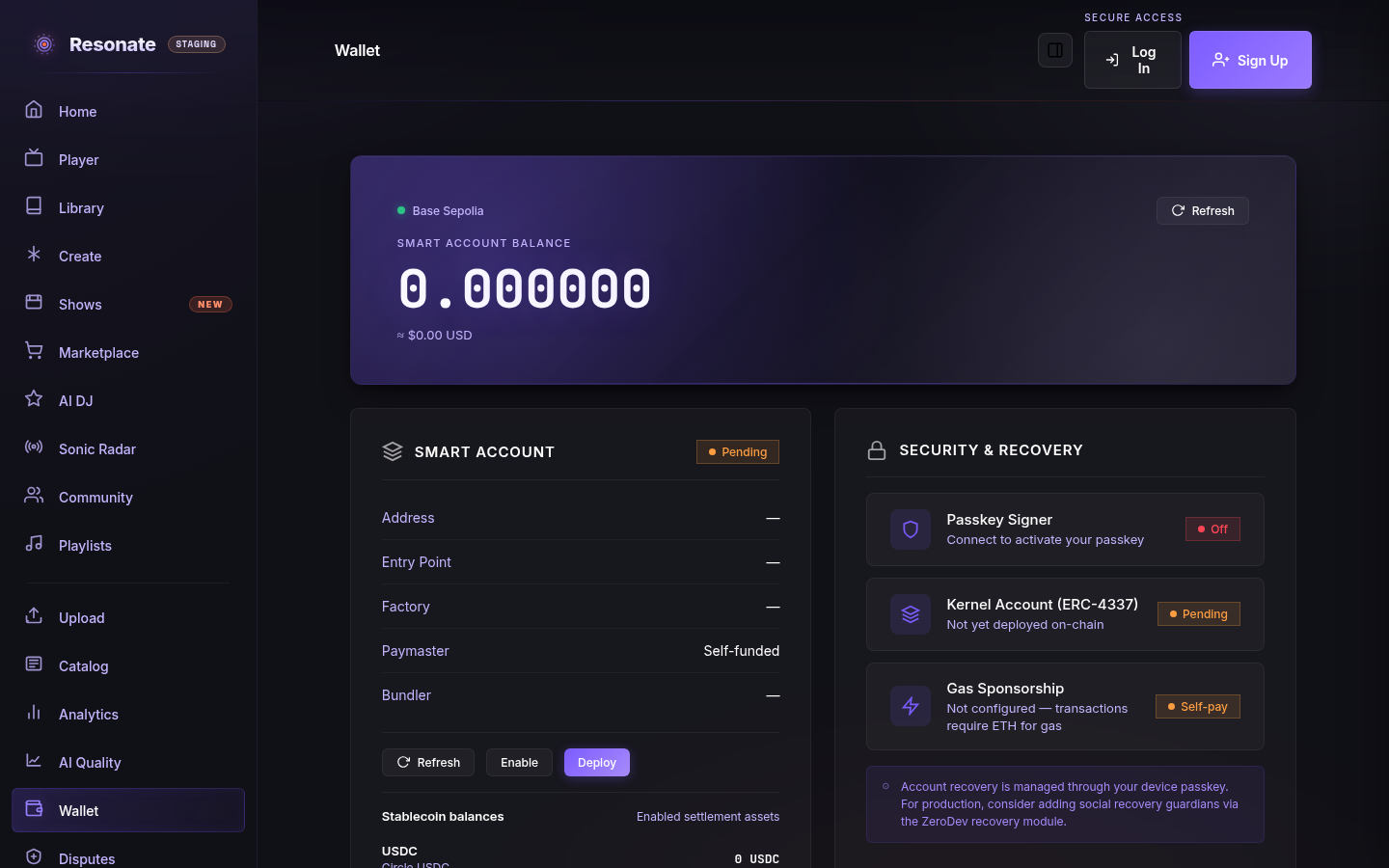 The Wallet page showing a Smart Account Balance of 0.000000, account details, and a Security & Recovery panel listing Passkey Signer, Kernel Account, and Gas Sponsorship.